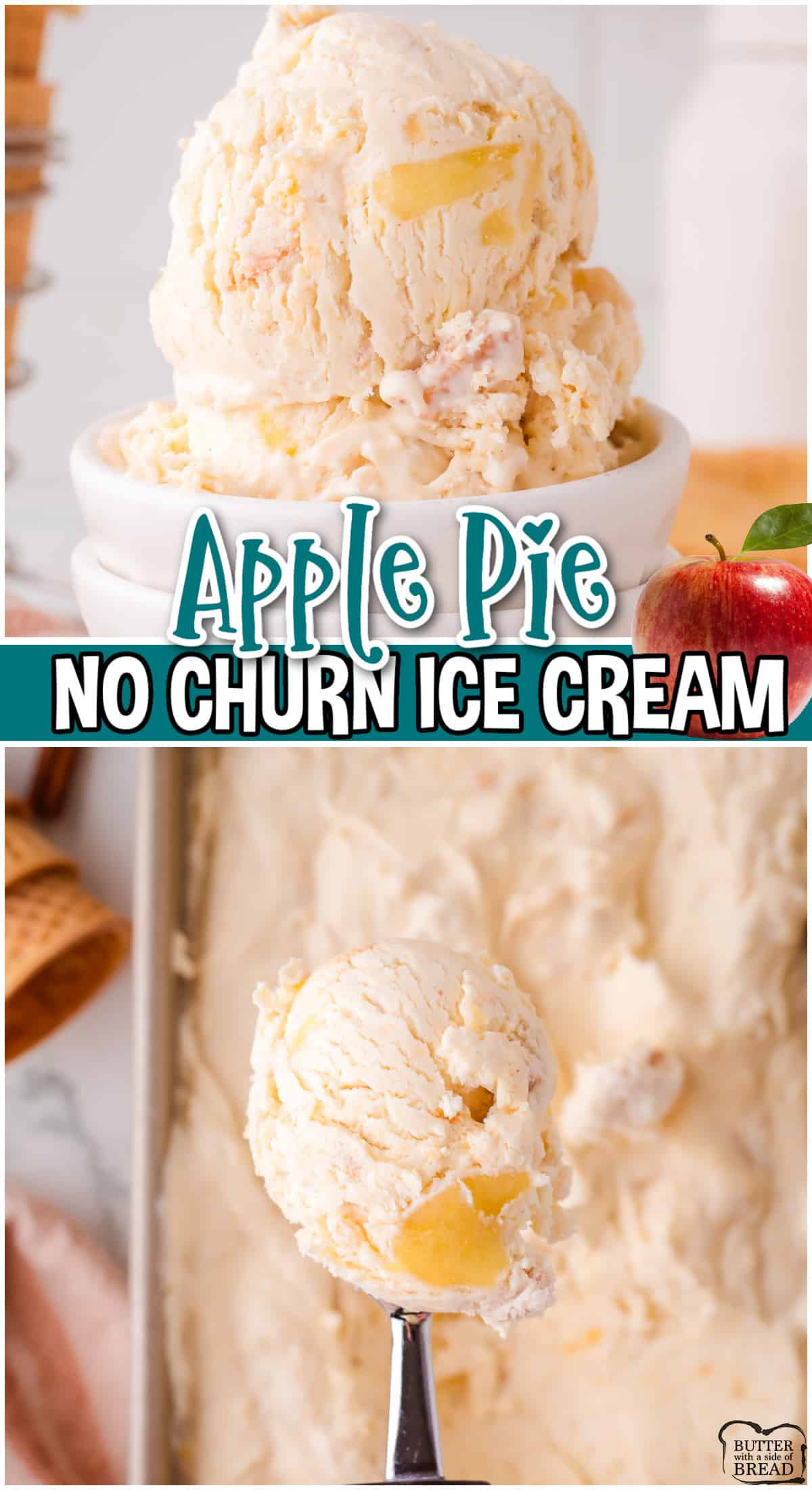 Apple Pie Ice Cream made with just 4 ingredients for a simple, creamy, no-churn ice cream with fantastic flavor. The perfect dessert for apple pie lovers!