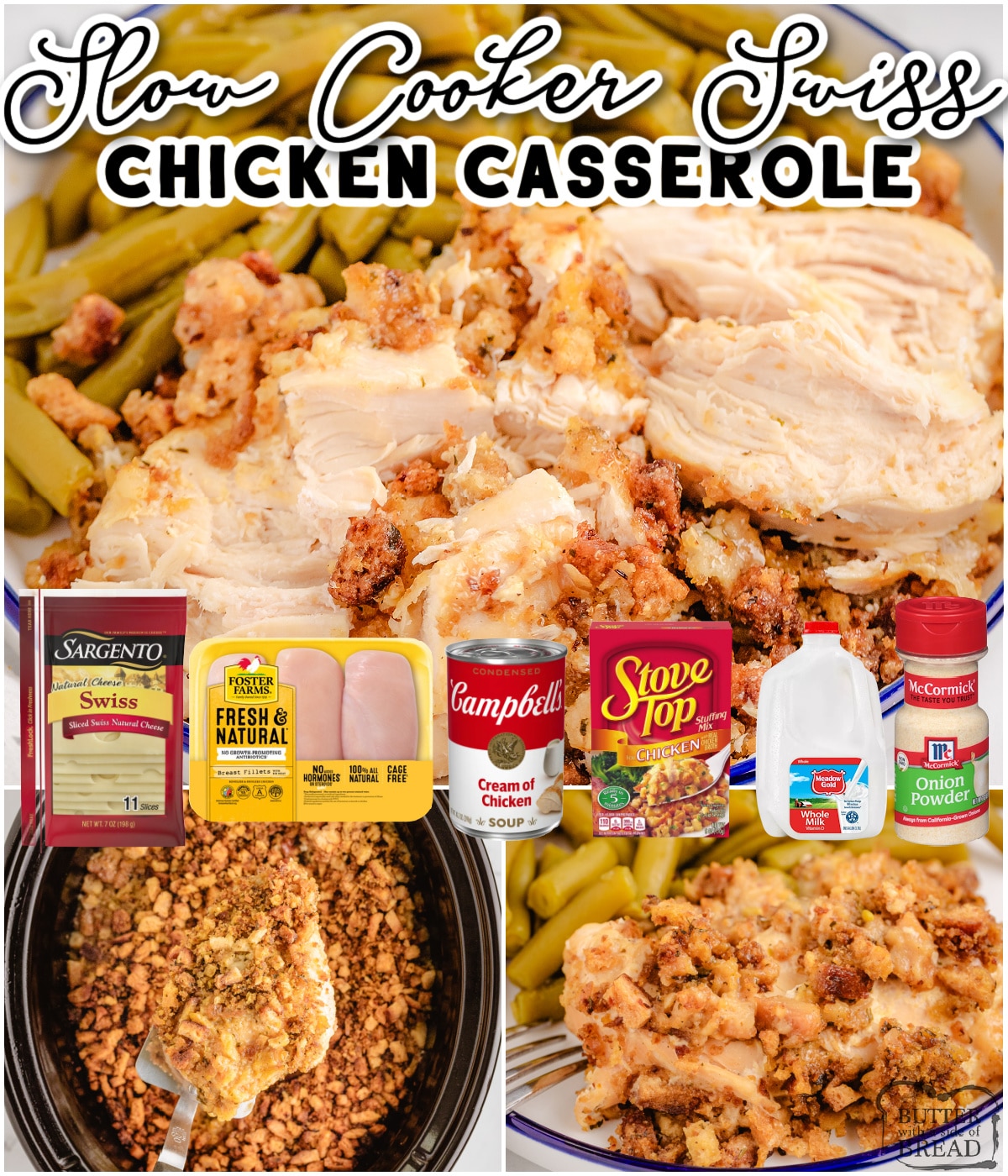 Slow Cooker Swiss Chicken Casserole is made with tender chicken, Swiss cheese, cream of chicken soup & stuffing mix, all slow cooked for easy prep!