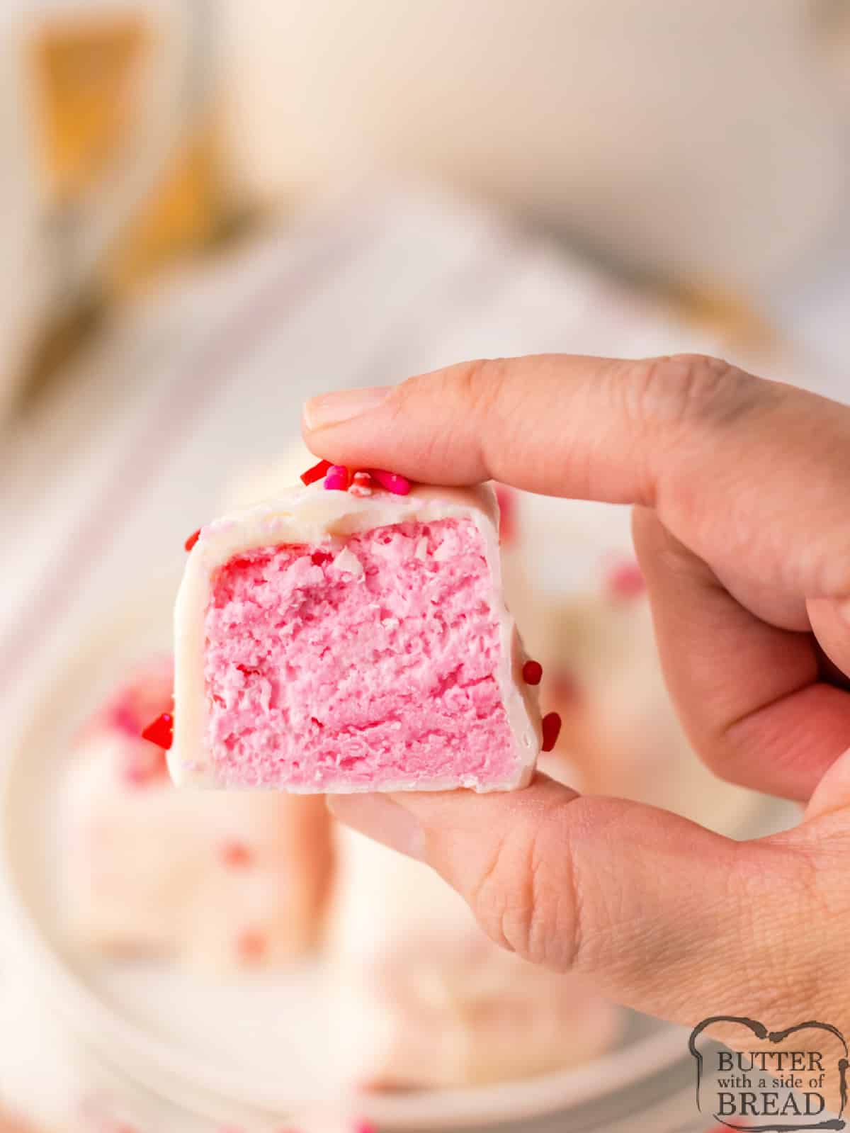 Center of Strawberry Cool Whip candy.
