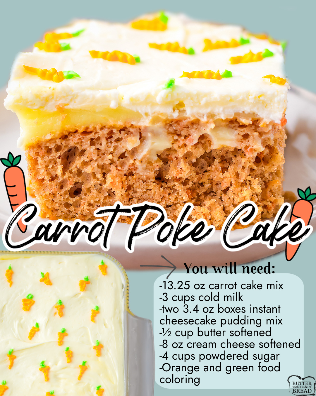 Carrot Poke Cake made with a cake mix and filled with cheesecake pudding, then topped with a cream cheese buttercream frosting with tiny little frosted carrots all over! Perfect Spring cake for Easter!