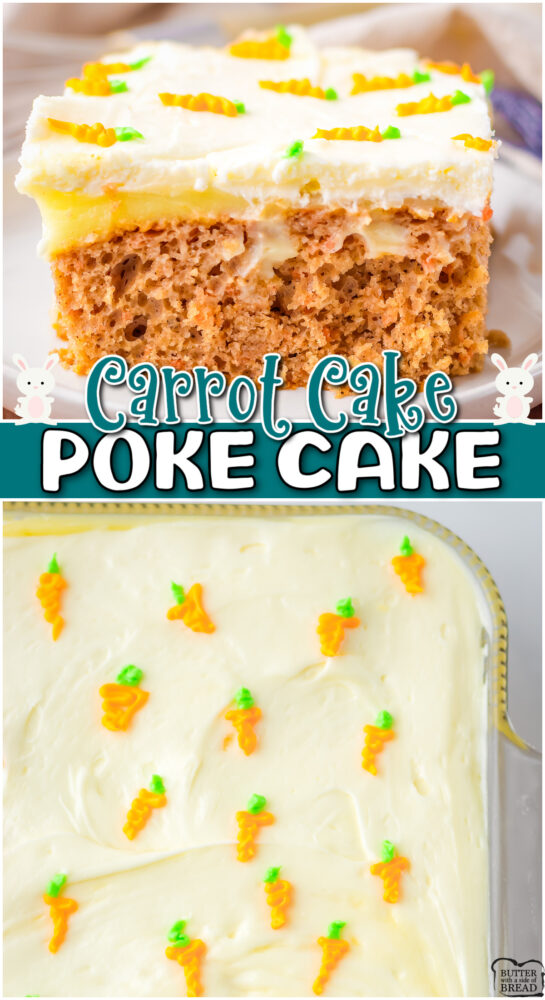 Carrot Poke Cake made with a cake mix and filled with cheesecake pudding, then topped with a cream cheese buttercream frosting with tiny little frosted carrots all over! Perfect Spring cake for Easter!