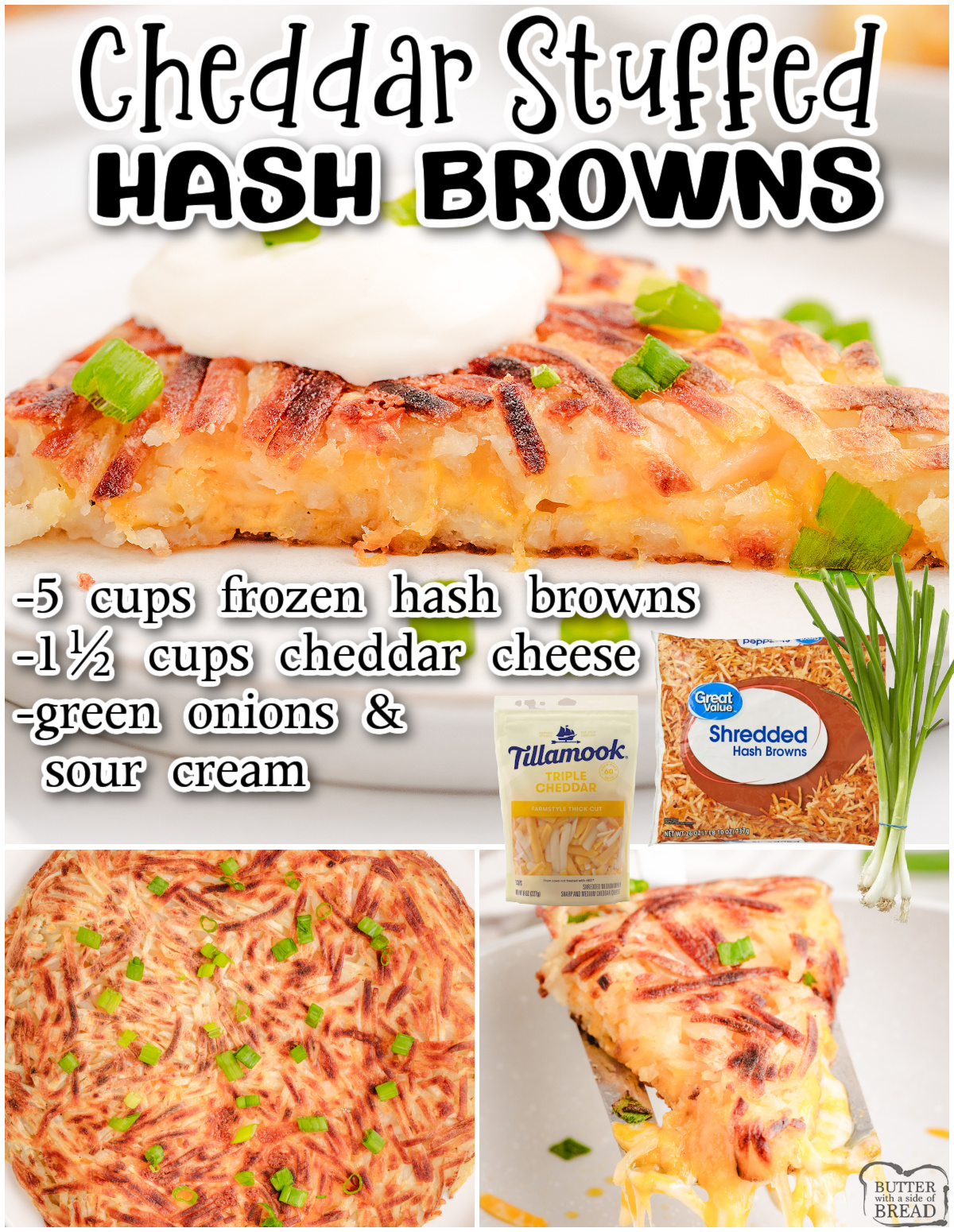 Serve these Cheese Stuffed Hash Browns for breakfast and everyone is sure to devour them! Crispy hash browns fried up with a layer of melted cheese inside!