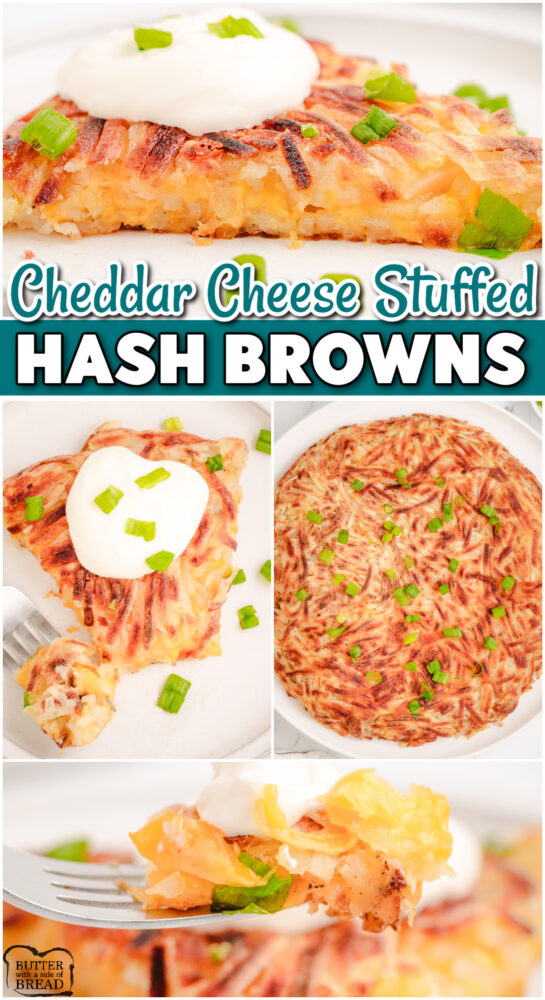 Serve these Cheese Stuffed Hash Browns for breakfast and everyone is sure to devour them! Crispy hash browns fried up with a layer of melted cheese inside!