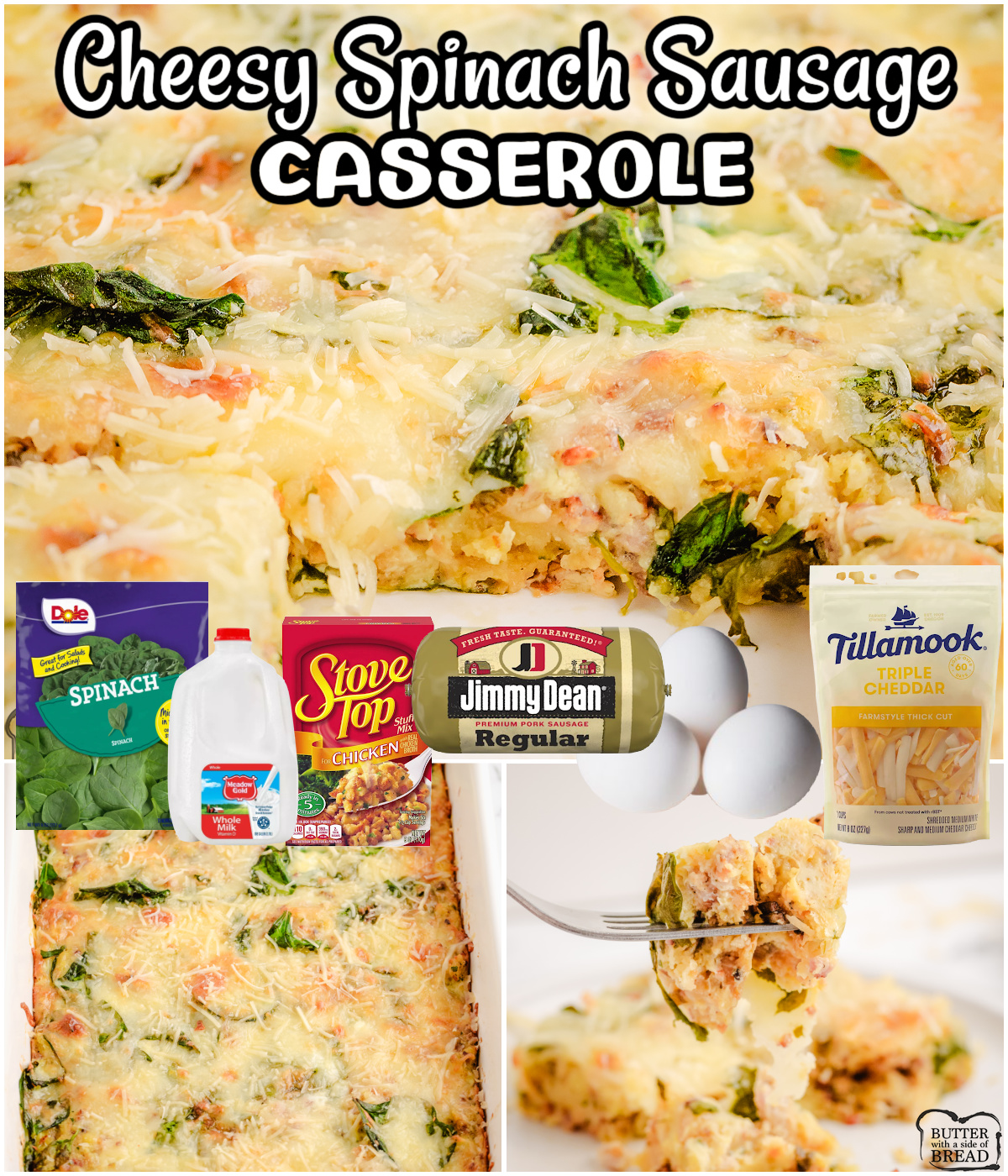 Spinach Sausage Casserole is a hearty dinner with great flavor made with sausage, spinach, eggs, stuffing, cheese, and milk.