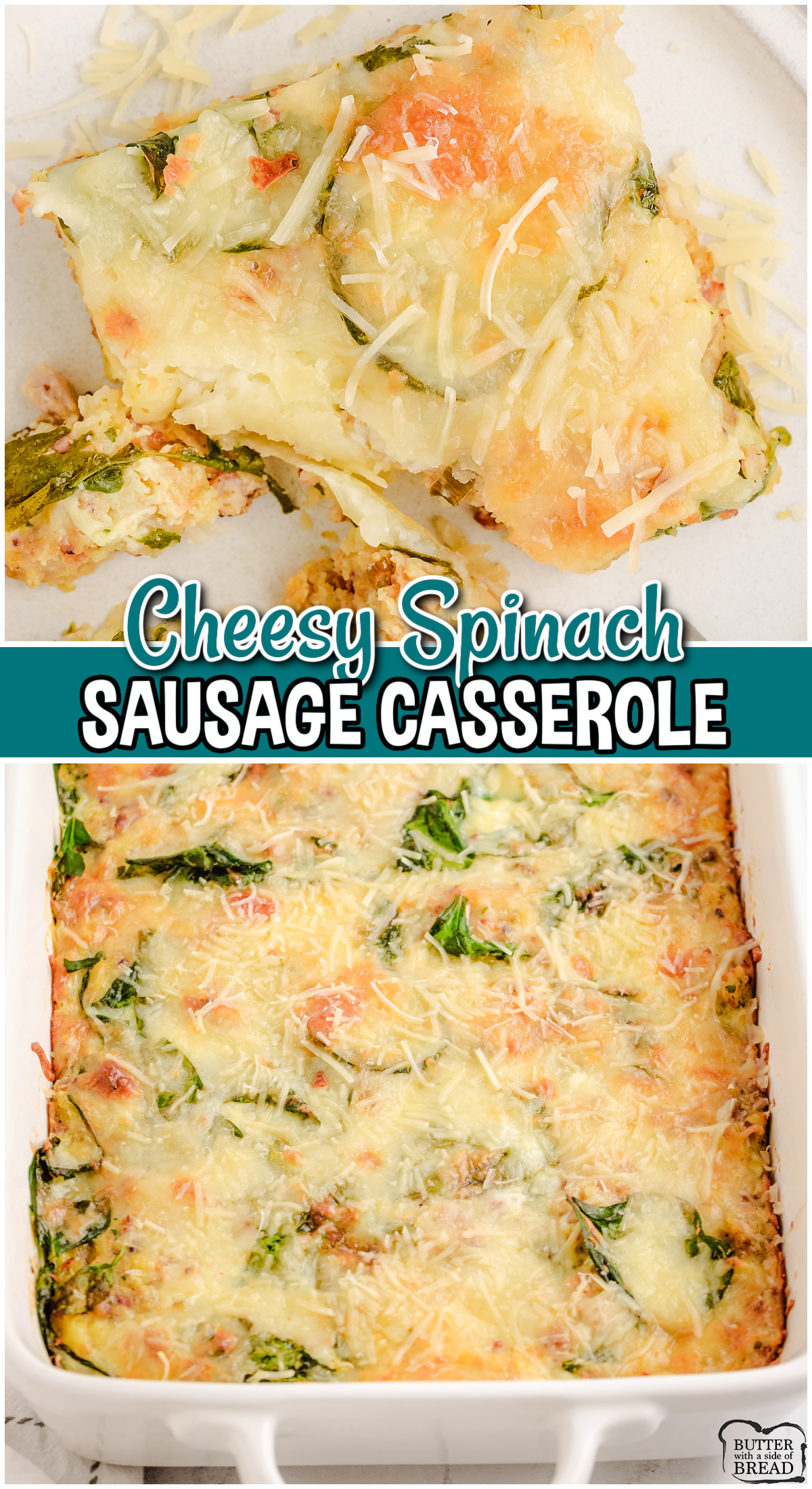 Cheesy Spinach Sausage Casserole is a hearty dinner with great flavor made with sausage, spinach, eggs, stuffing, cheese, and milk.