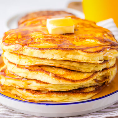stack of buttermilk pancakes on a blue plate