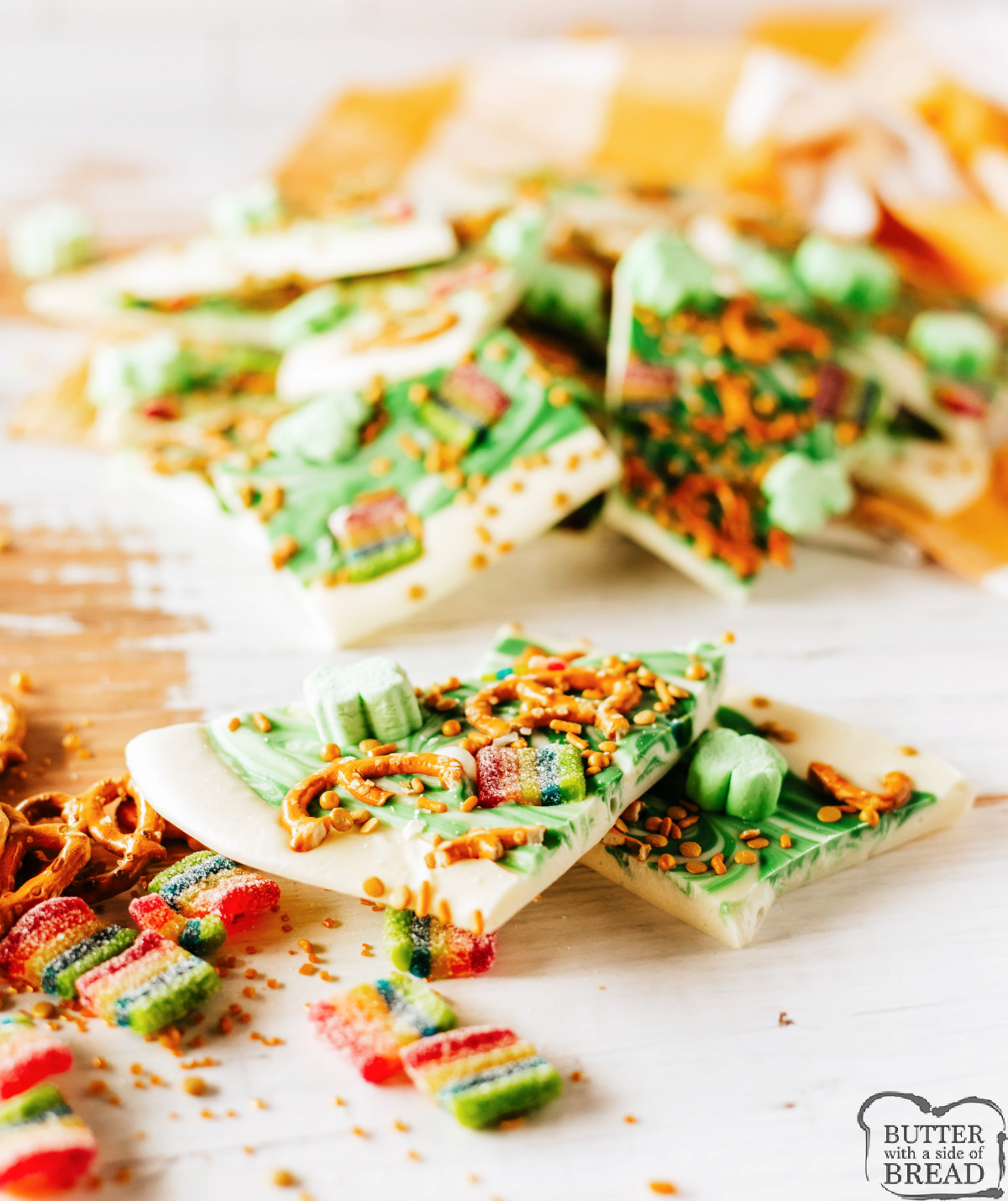 Easy Leprechaun Bark is a festive dessert perfect for St. Patrick's Day! This simple treat is made in less than 10 minutes with white and green chocolate and a few colorful toppings.