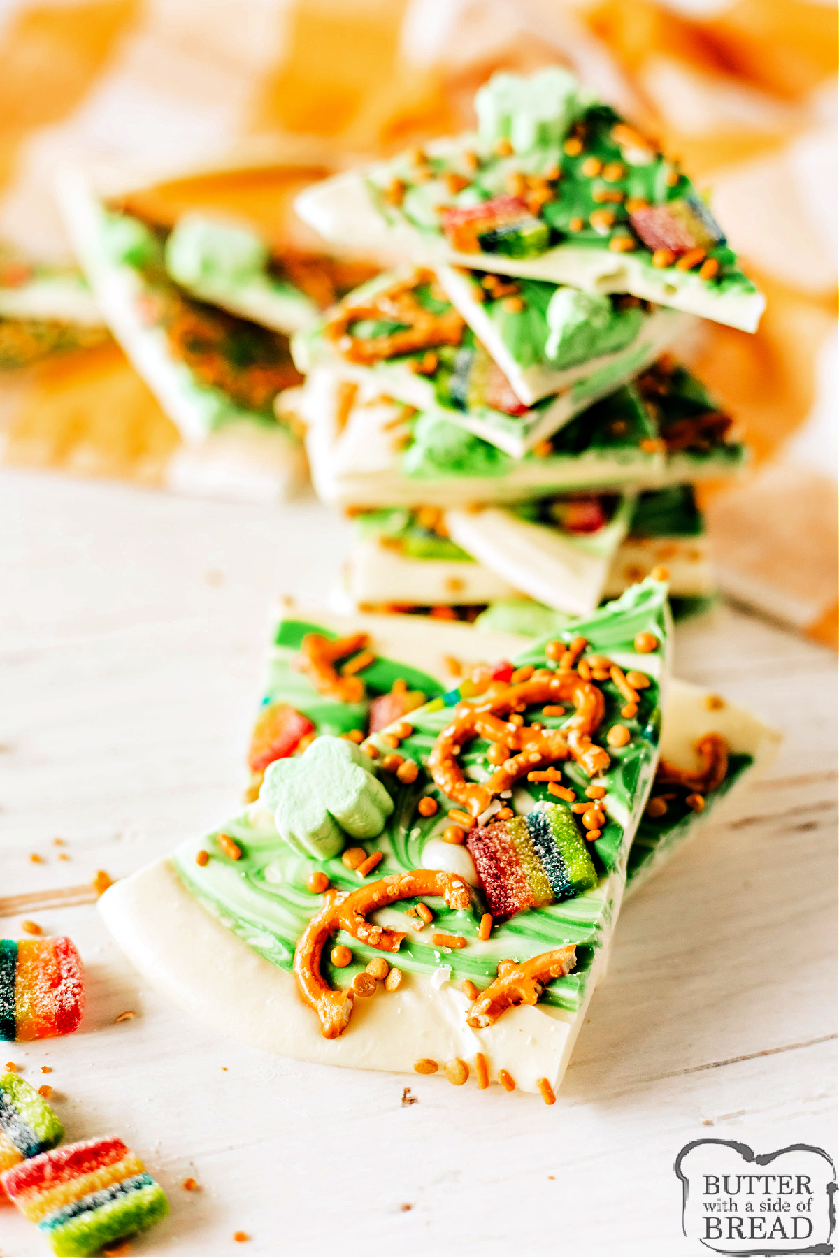 White and green chocolate swirled together with rainbow toppings.