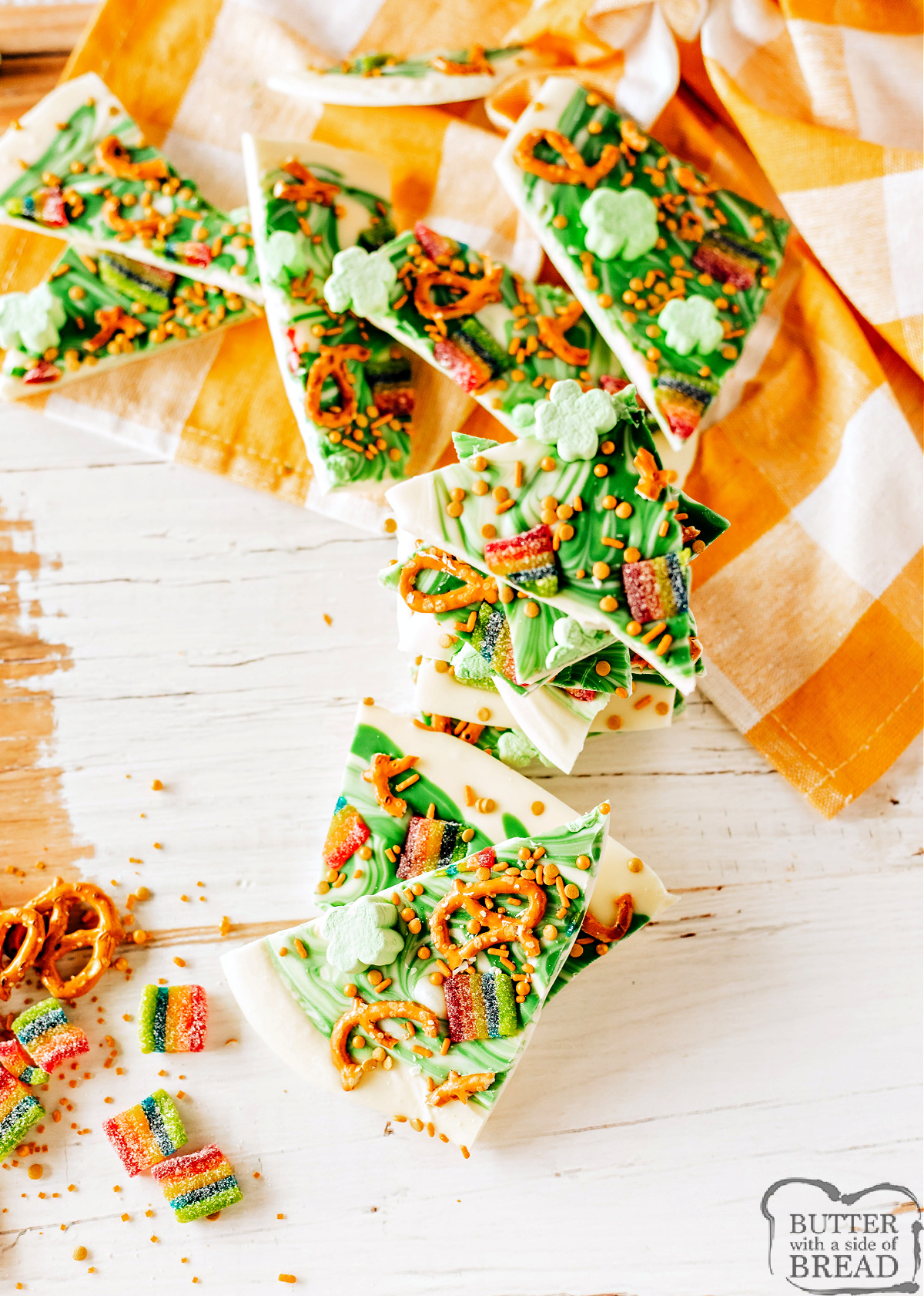 Easy Leprechaun Bark is a festive dessert perfect for St. Patrick's Day! This simple treat is made in less than 10 minutes with white and green chocolate and a few colorful toppings.