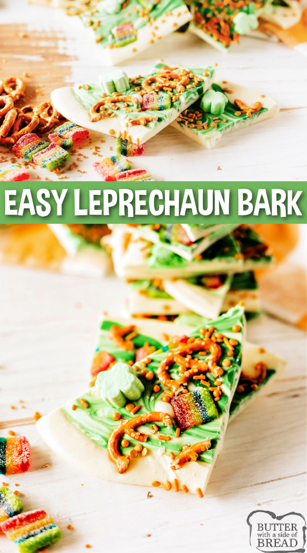 Easy Leprechaun Bark is a festive dessert perfect for St. Patrick's Day! This simple treat is made in less than 10 minutes with white and green chocolate and a few colorful toppings.