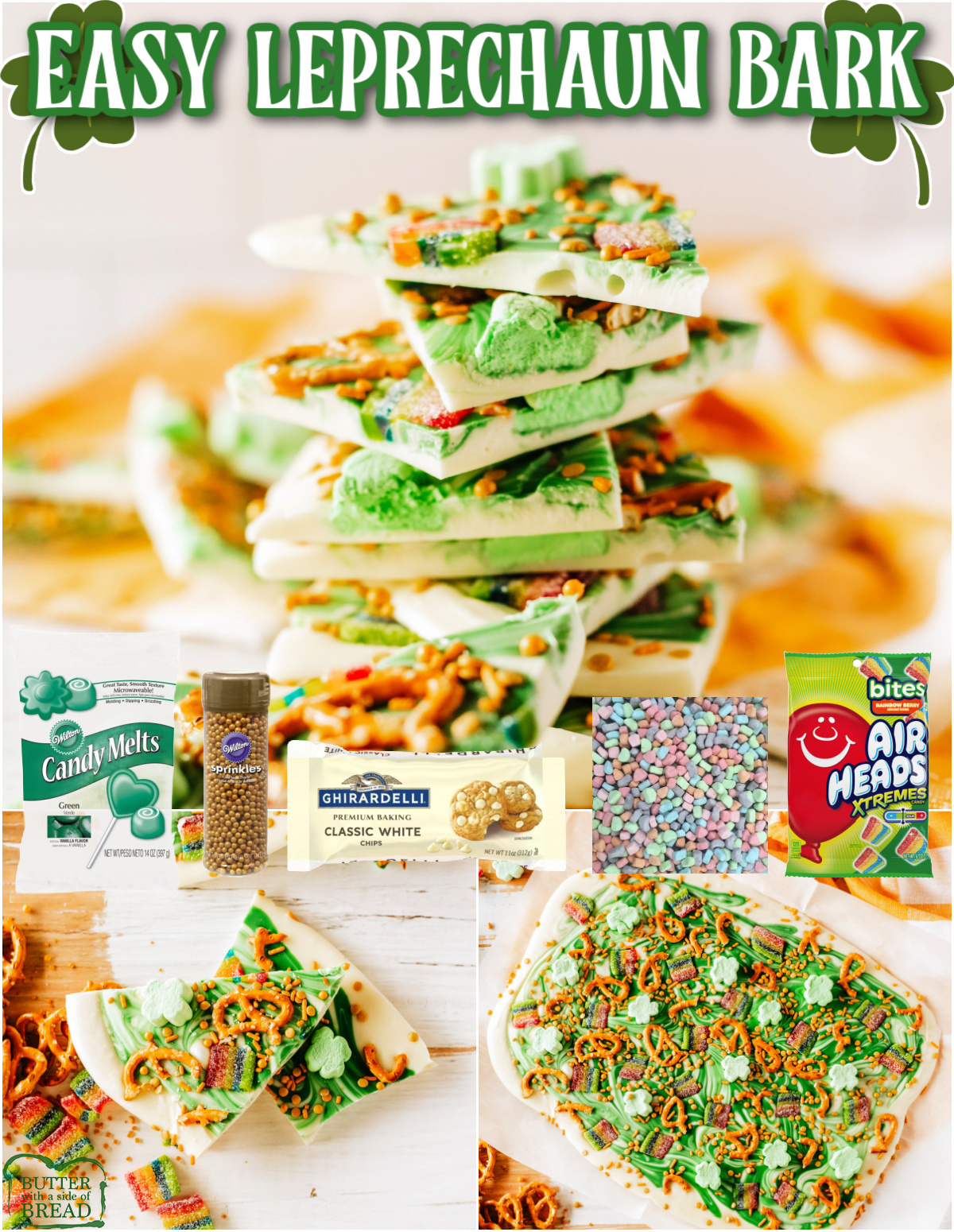 Easy Leprechaun Bark is a festive dessert perfect for St. Patrick's Day! This simple treat is made in less than 10 minutes with white and green chocolate and a few colorful toppings.