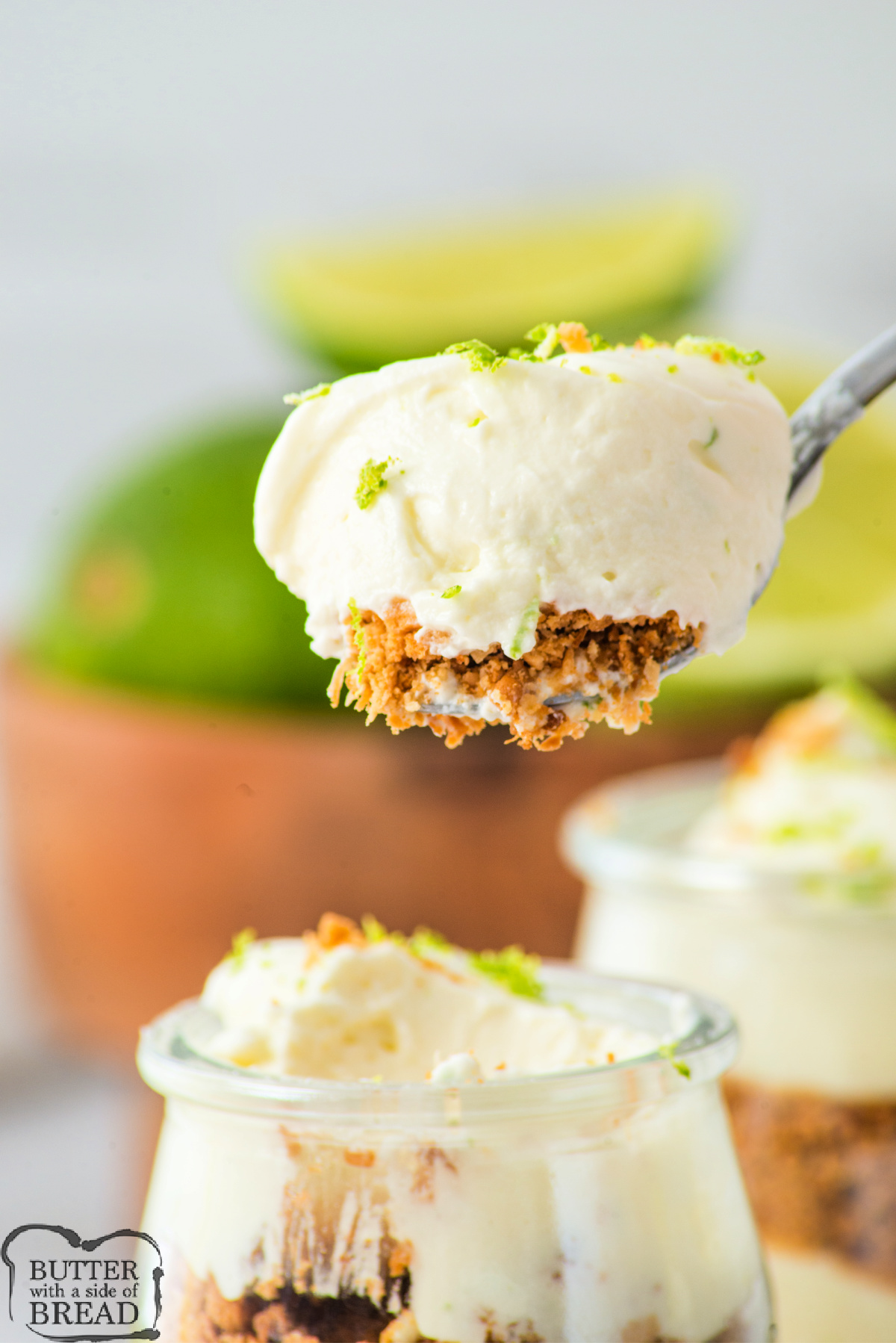 Spoonful of no-bake key lime pie dessert.