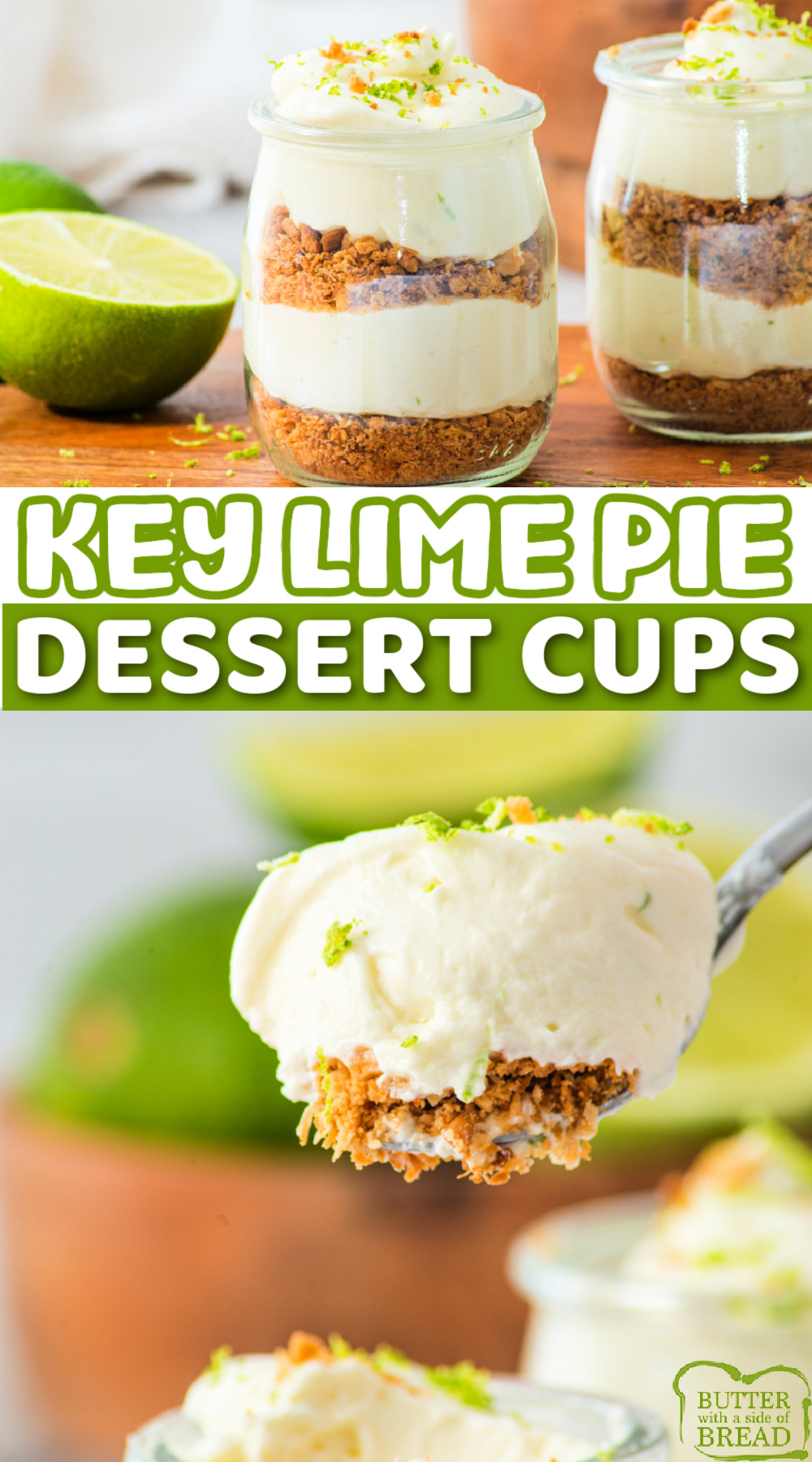 Key Lime Pie Cups are made with layers of coconut and cookies and sweet, creamy lime filling. These delicious dessert cups only take a few minutes to assemble, and taste just like key lime pie!