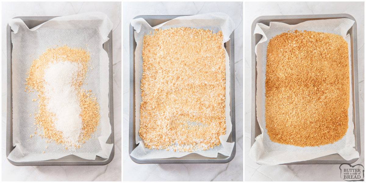 Bake cookie crumbs with shredded coconut.