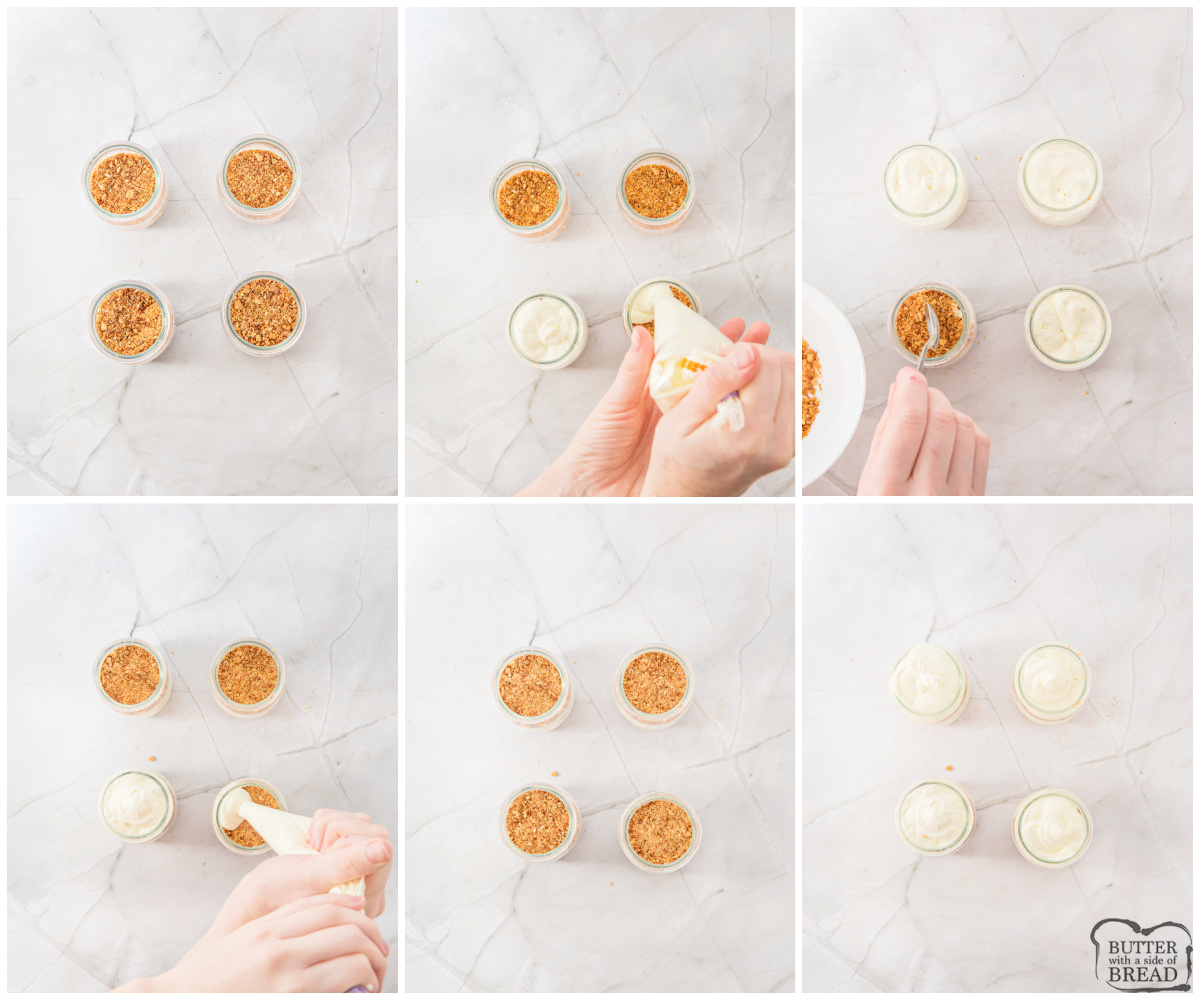 Assembling key lime pie cups with crumbs and filling.