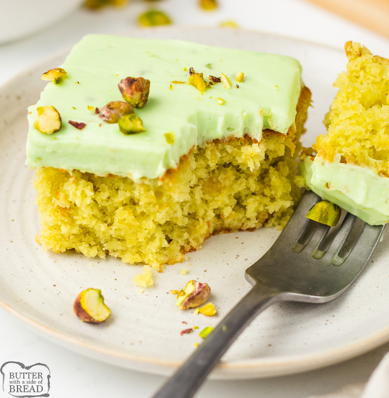 forkful of pistachio pineapple cake