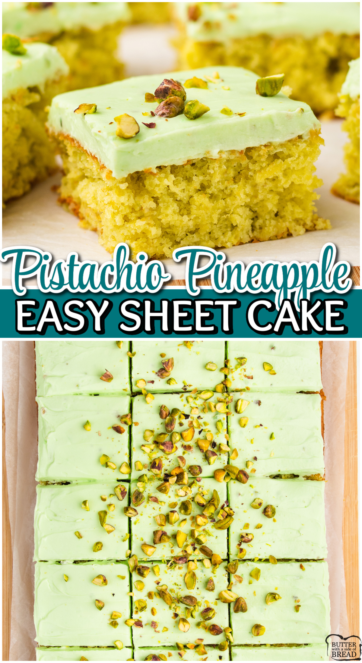 Pistachio Pineapple Cake starts with a cake mix & results in a light & airy cake with great pineapple flavor, topped with an incredible pistachio frosting! 