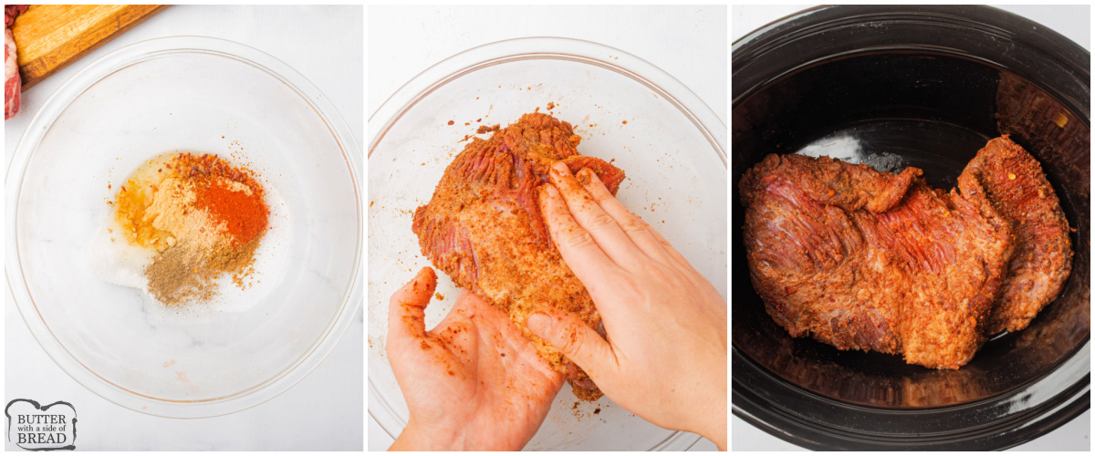 Season brisket with seasonings and spices and place in the slow cooker. 