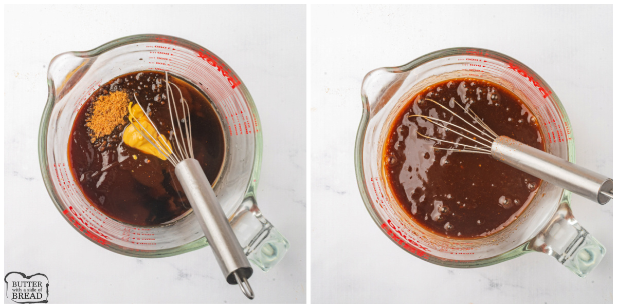 Mix BBQ sauce, beef broth, apple cider vinegar, Worcestershire sauce, brown sugar, and mustard. 