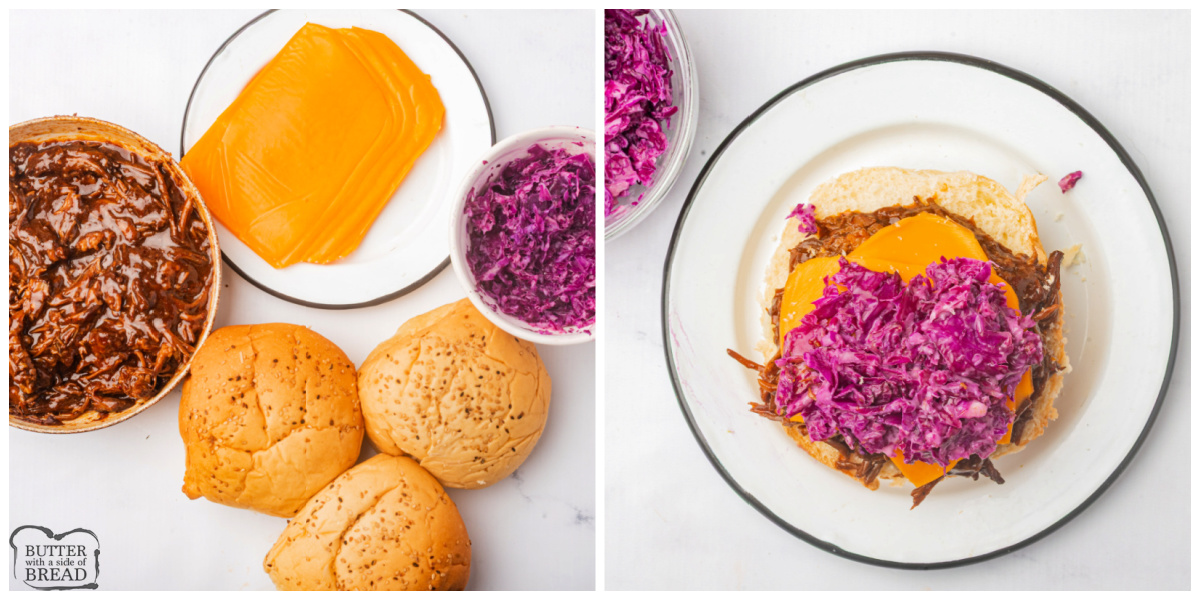 Assembling BBQ Brisket Sandwiches with cheese and coleslaw.