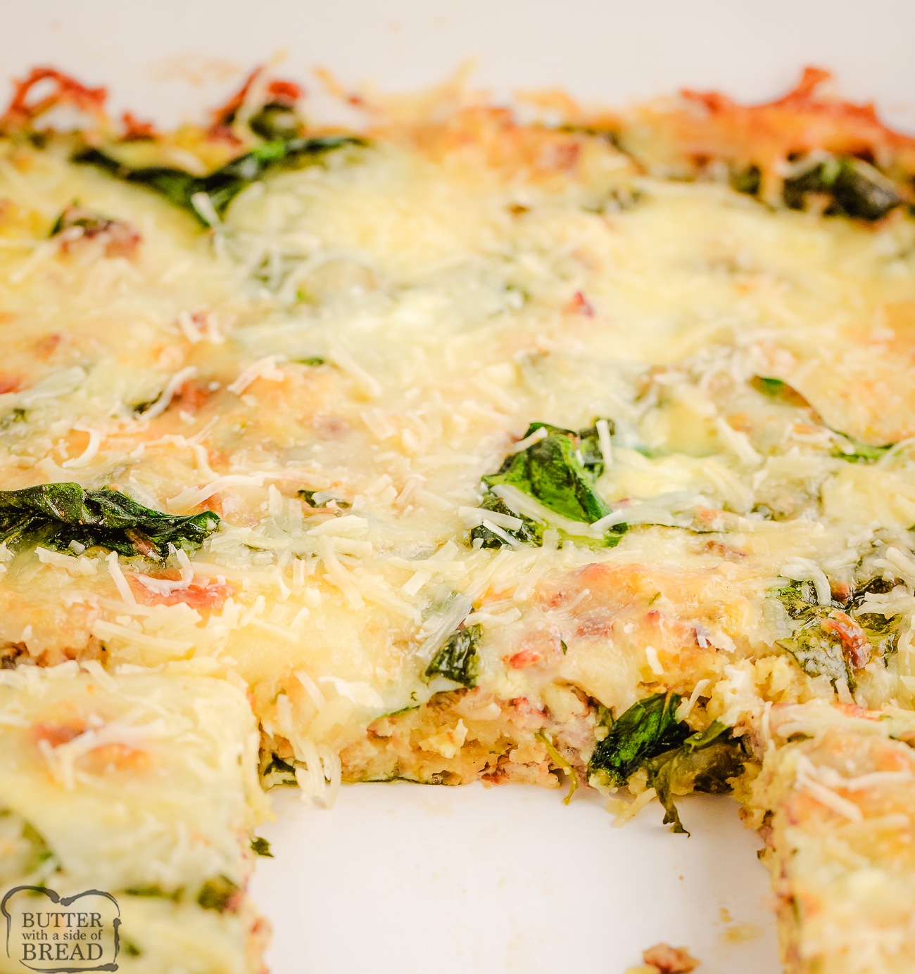 cheesy sausage casserole with stuffing and spinach