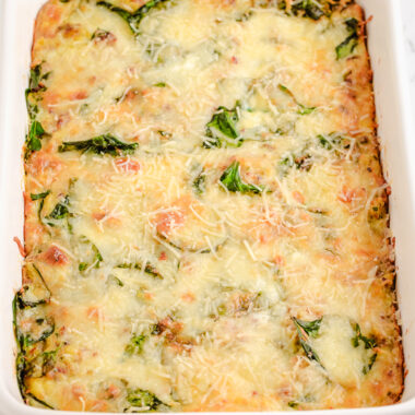 spinach sausage egg casserole in a baking dish