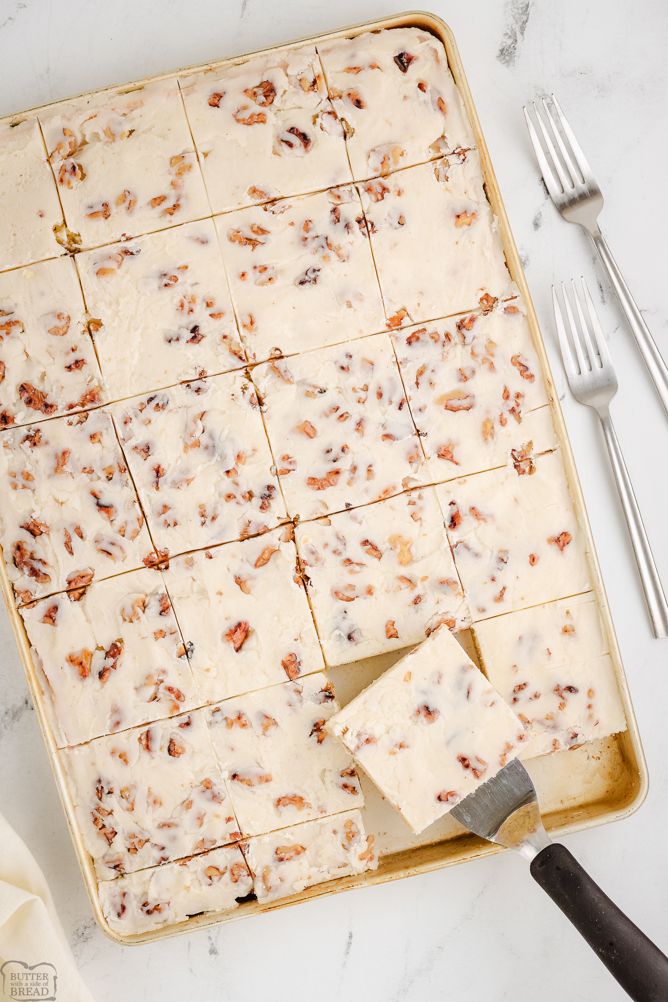 baking pan with white Texas sheet cake in it