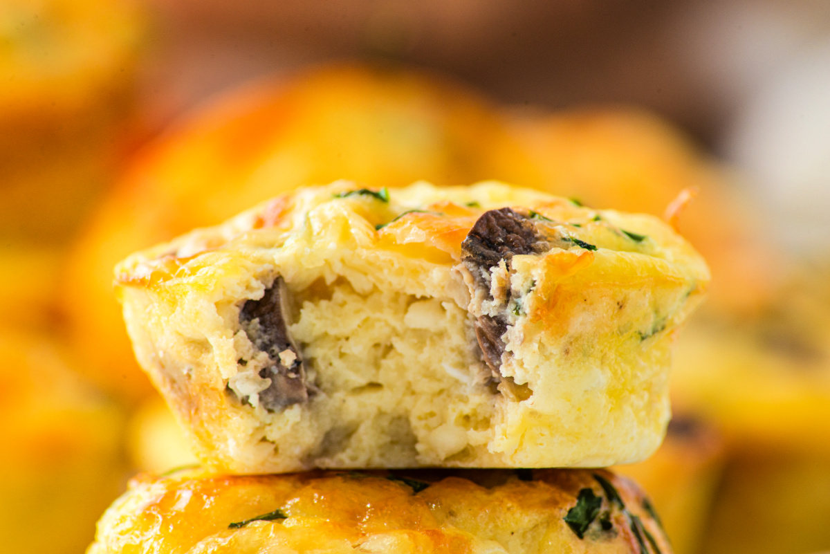 Egg muffin made with cottage cheese and chopped mushrooms.