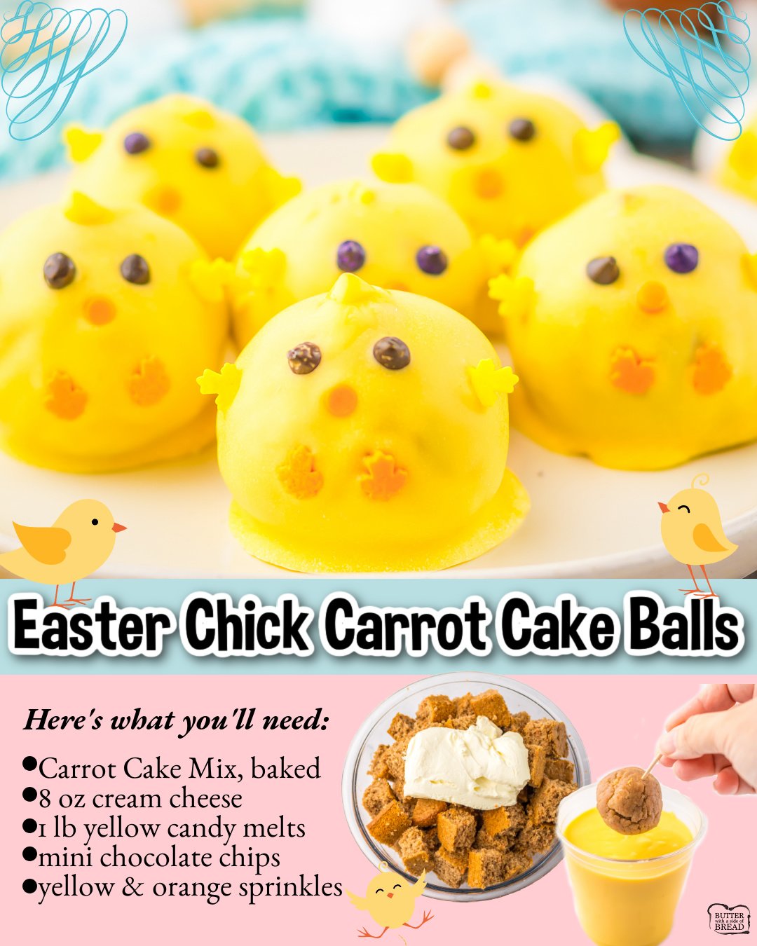 Easter Chick Carrot Cake Balls are made with a cake mix, cream cheese, coating chocolate & sprinkles for a darling, festive Easter treat!