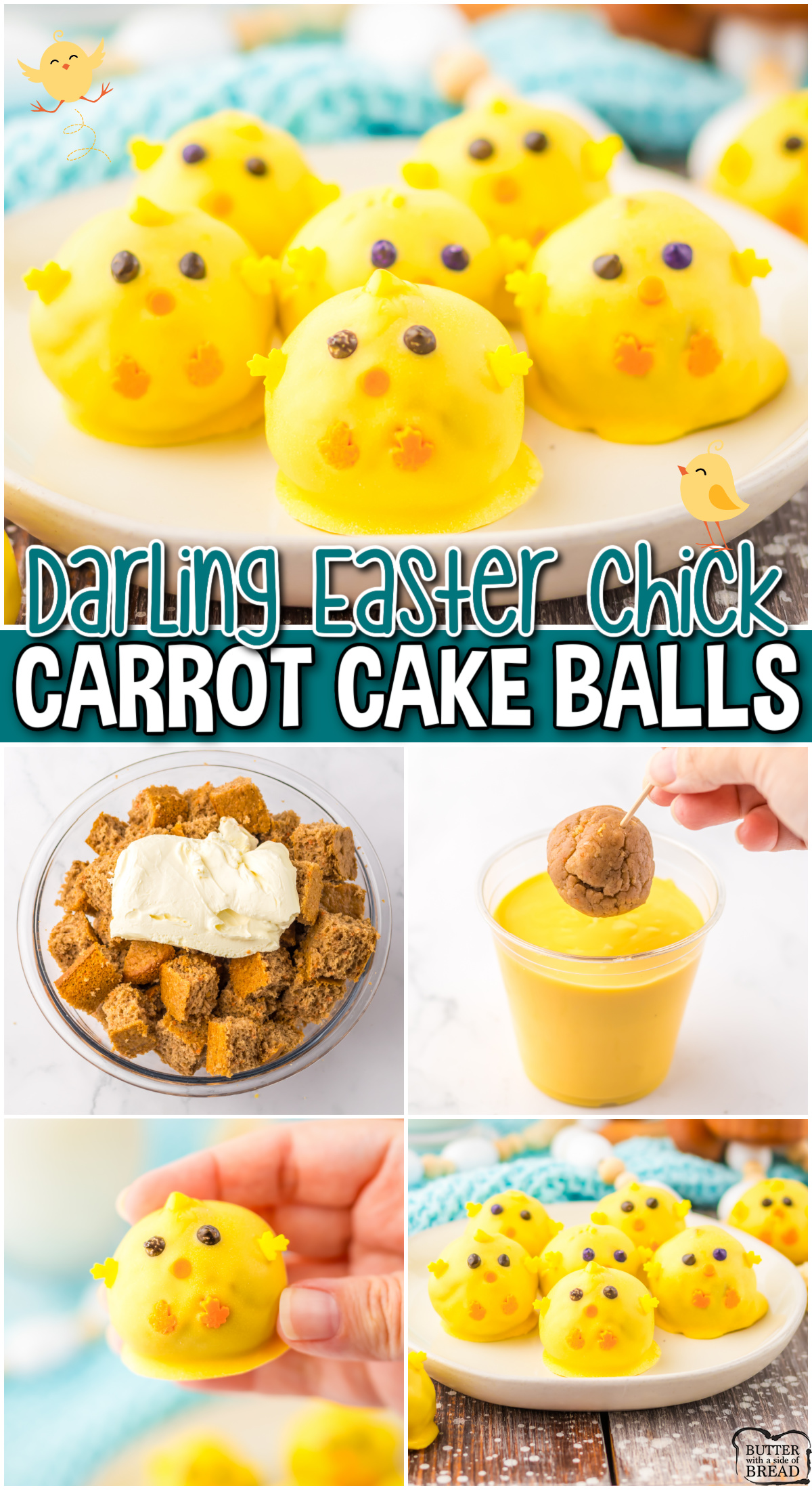 Easter Chick Carrot Cake Balls are made with a cake mix, cream cheese, coating chocolate & sprinkles for a darling, festive Easter treat!