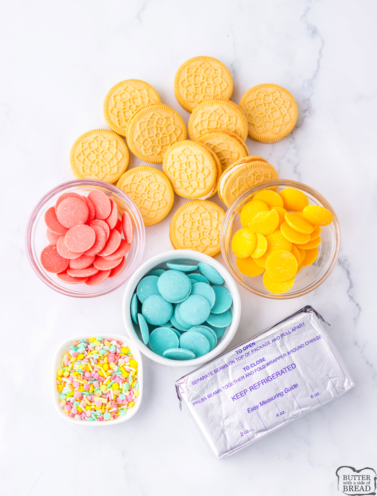 Ingredients in Easter Golden Oreo Truffles. 