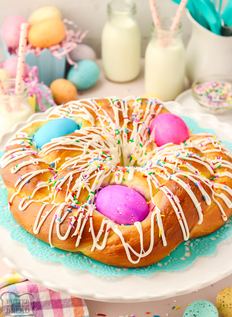 Easter Bread on a white platter with colored eggs