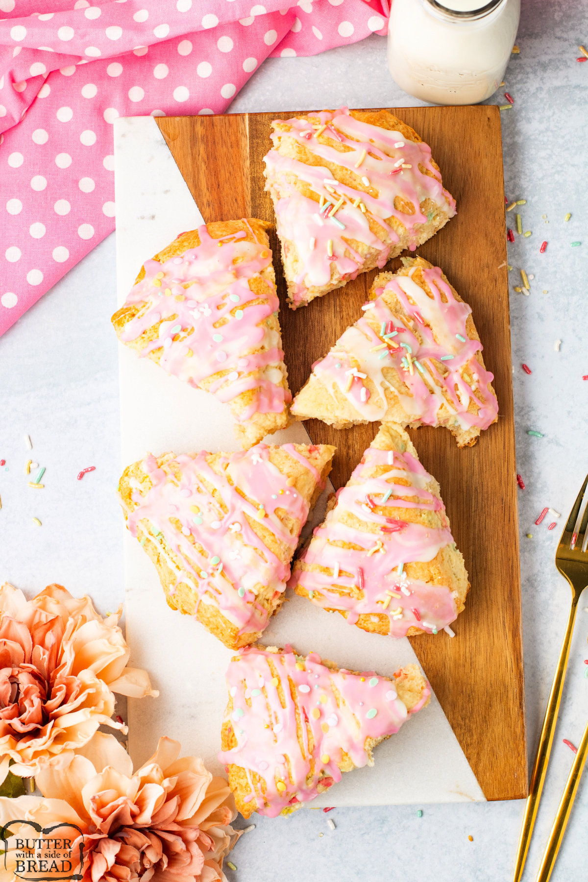 Vanilla scones with sprinkles and glaze.