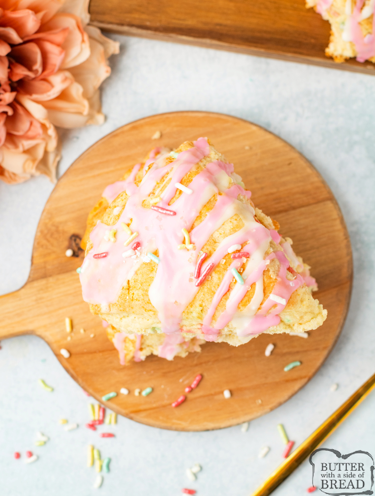 Buttery vanilla scone with sprinkles.