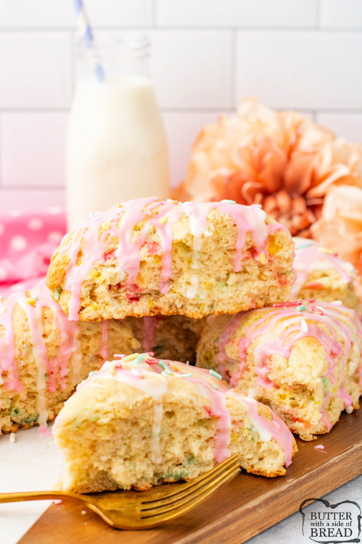 Funfetti Scones are soft, buttery, rich in vanilla flavor, and packed with sprinkles! With a simple glaze on top, these scones are perfect for brunch or an afternoon treat.