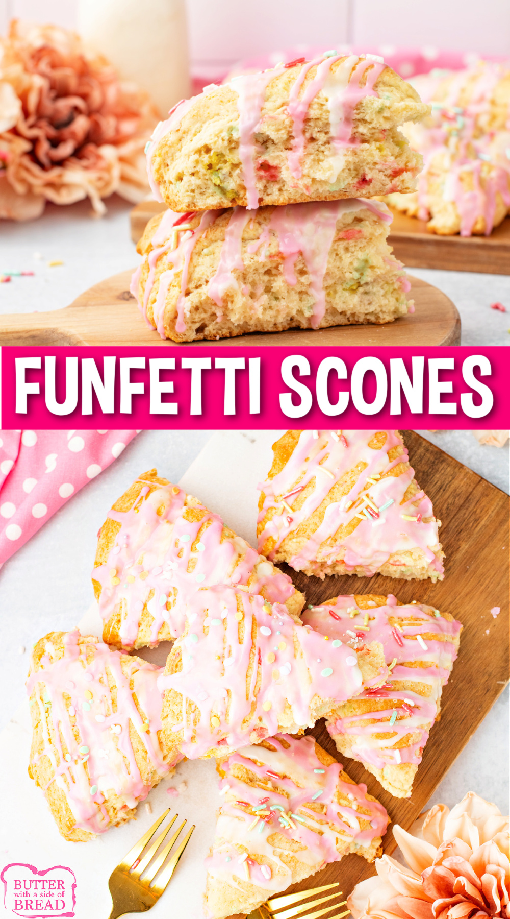 Funfetti Scones are soft, buttery, rich in vanilla flavor, and packed with sprinkles! With a simple glaze on top, these scones are perfect for brunch or an afternoon treat.
