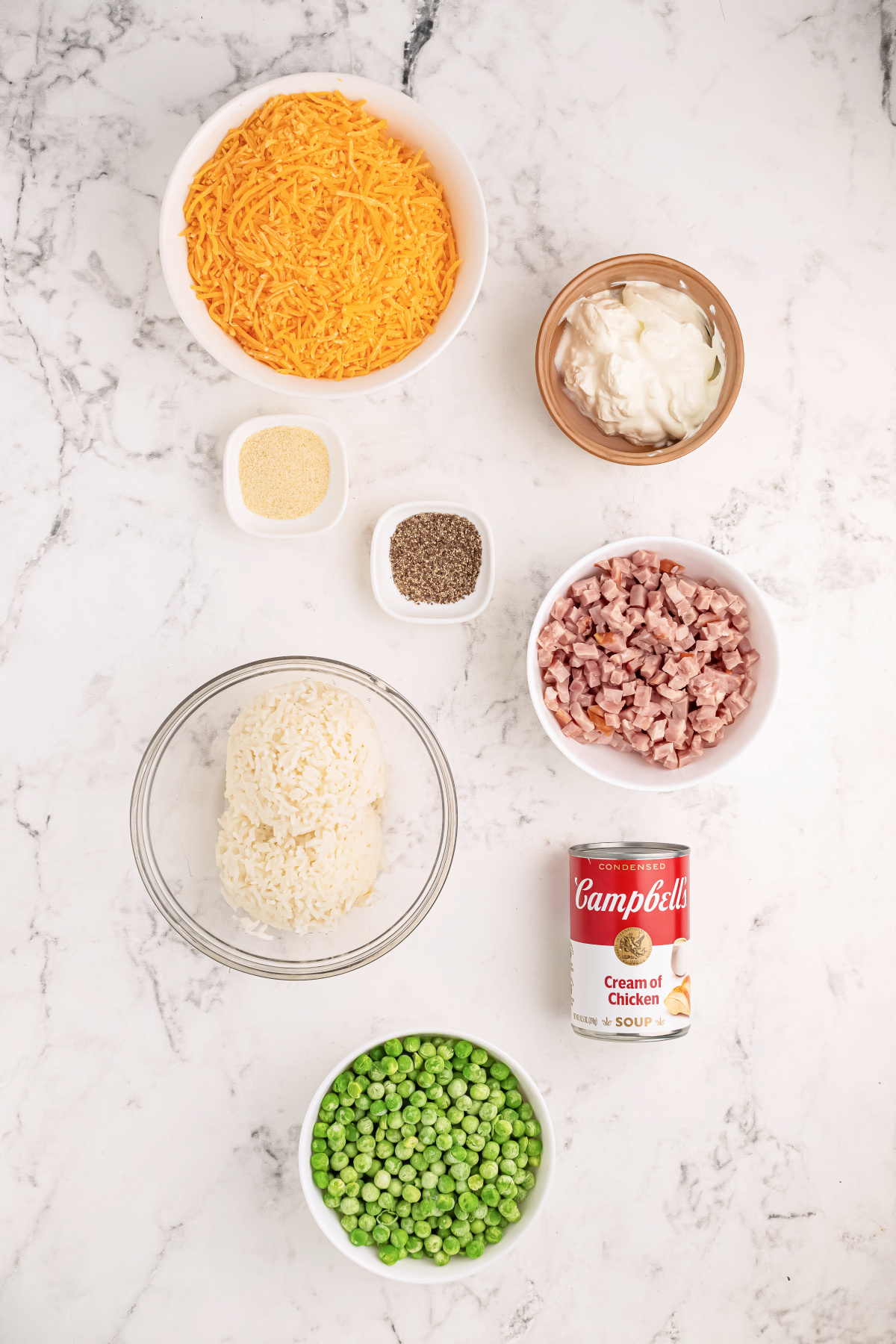 Ingredients in Cheesy Ham and Pea Casserole.