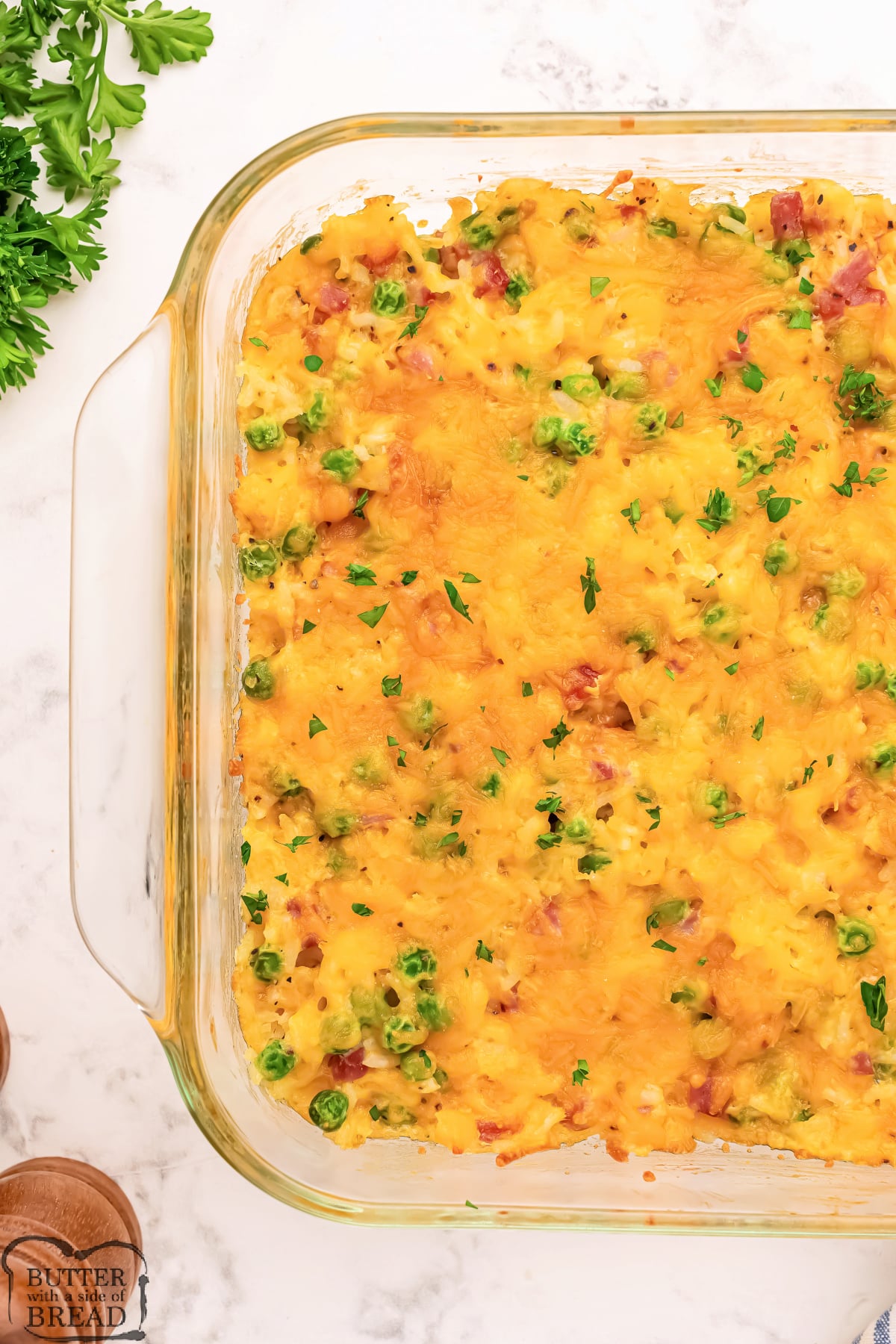 Casserole made with ham, cheese, peas, and rice.