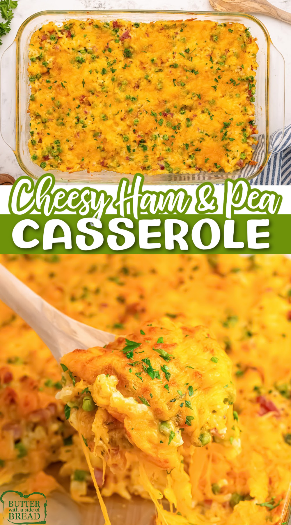 Cheesy Ham and Pea Casserole is made with rice, diced ham, peas, and shredded cheddar cheese. This flavorful casserole is an easy weeknight dinner recipe that the whole family will love.
