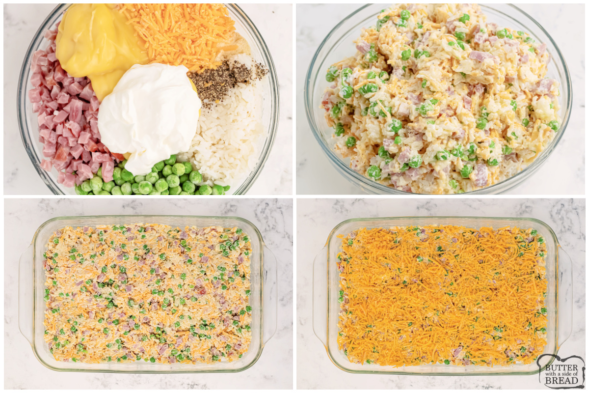 Step by step instructions on how to make Cheesy Ham and Pea Casserole.