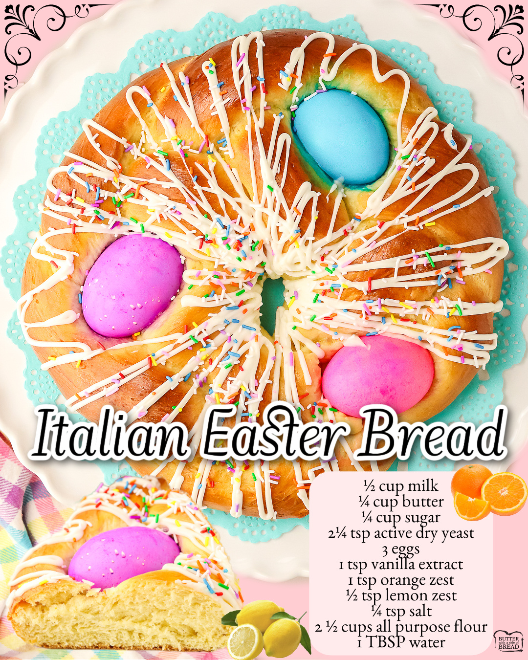 Festive Easter Sweet Bread is a soft, braided bread made with milk, butter, sugar, yeast & eggs for a soft, feathery bread with hints of citrus. The colorful eggs on top make it the perfect Pane Di Pasqua for your holiday table!
