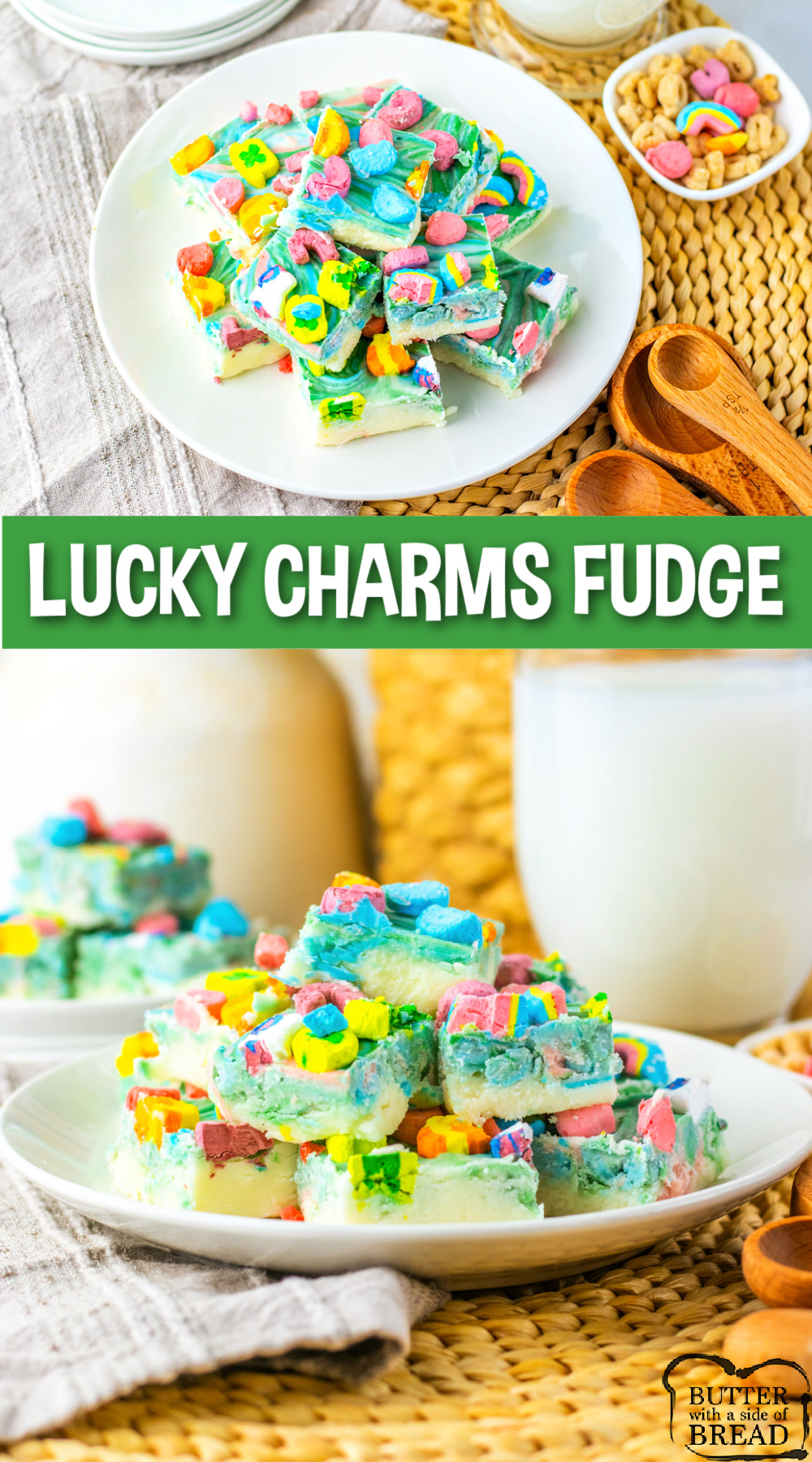 Lucky Charms Fudge is made with white chocolate chips, vanilla frosting, colored candy melts, and Lucky Charms marshmallows. This colorful fudge recipe requires only four ingredients and a microwave!