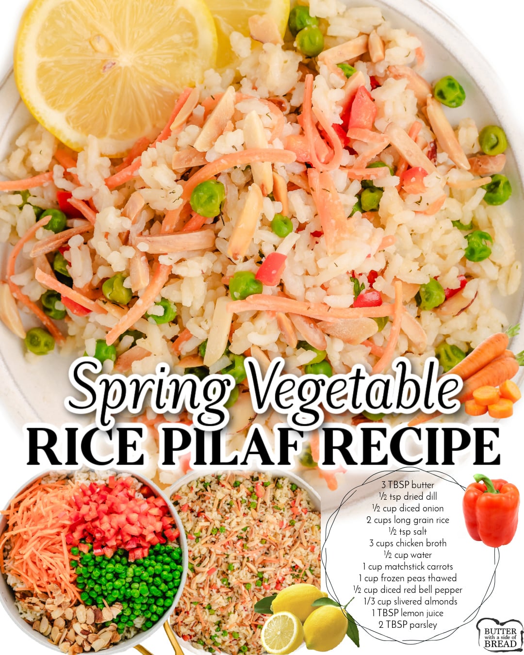 Fresh & light Rice Pilaf with veggies and great Spring flavors for the perfect side dish to any meal! Made with butter, onions, dill, & chicken broth for delightfully flavored rice.