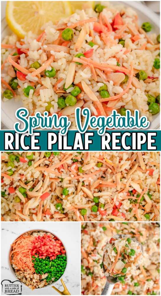 Fresh & light Rice Pilaf with veggies and great Spring flavors for the perfect side dish to any meal! Made with butter, onions, dill, & chicken broth for delightfully flavored rice.