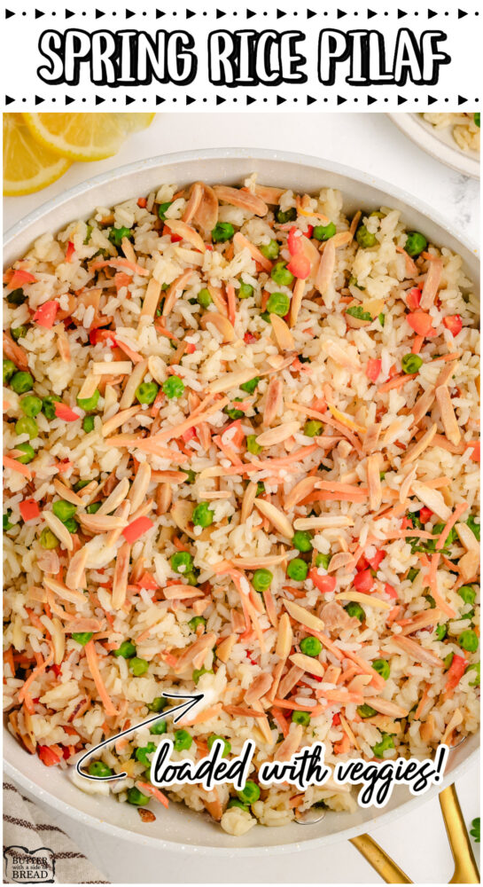 Fresh & light Rice Pilaf with veggies and great Spring flavors for the perfect side dish to any meal! Made with butter, onions, dill, & chicken broth for delightfully flavored rice.