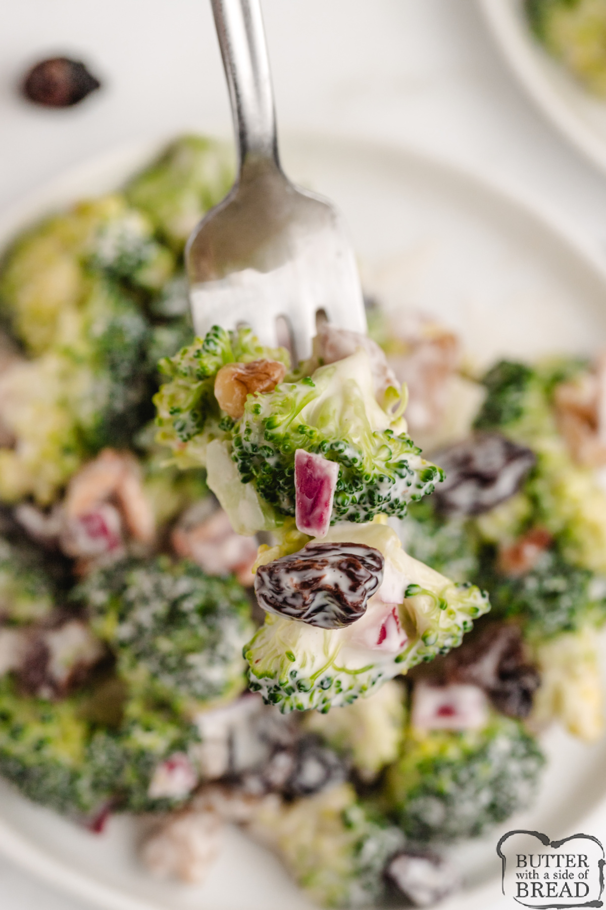 Forkful of broccoli and bacon salad with raisins and red onions.