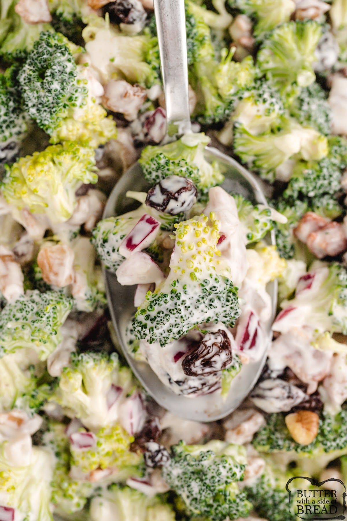 Crunchy broccoli salad recipe with bacon.