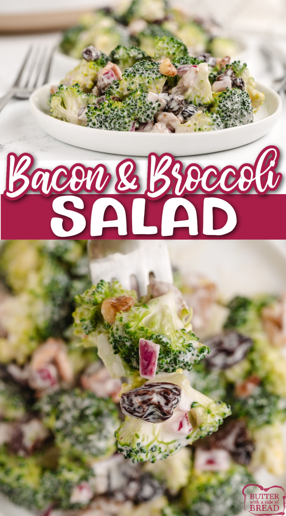 Bacon and Broccoli Salad is made with walnuts, raisins, and onion in a simple, sweet, and creamy dressing. This salad is the perfect side dish for most meals and is a wonderful choice for potlucks and parties!