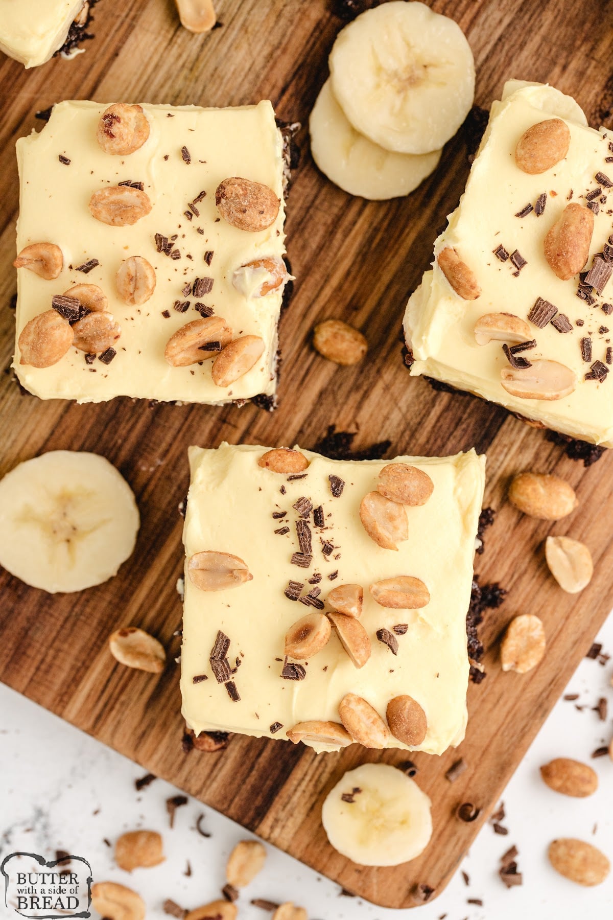 Banana Cream Brownies are made with a brownie mix, peanuts, sliced bananas, and a creamy vanilla pudding layer on top. You'll never eat regular brownies again!