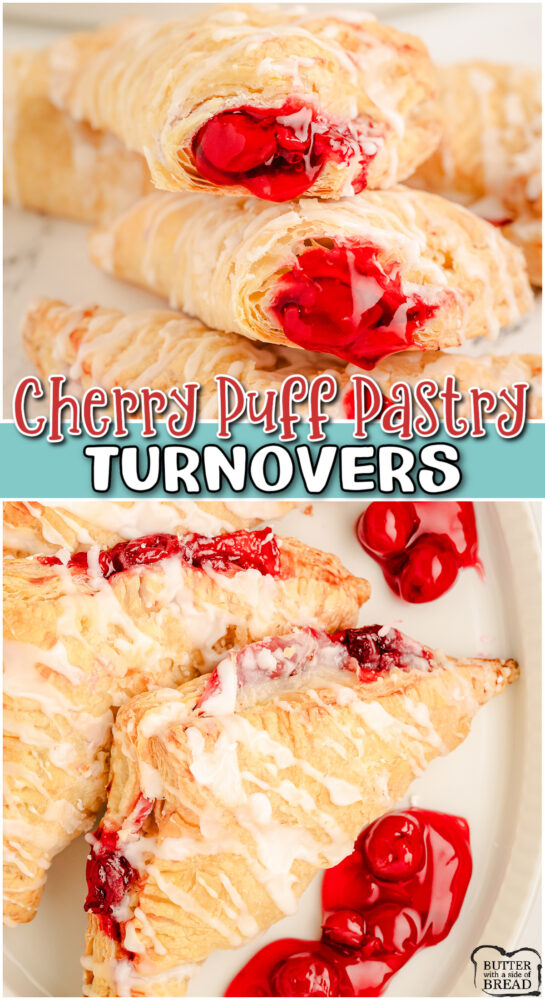 Cherry Puff Pastry Turnovers made easy in minutes with puff pastry & cherry pie filling, baked & drizzled with a simple almond glaze!